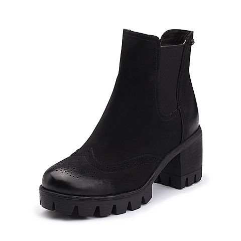 Teenmix/天美意冬专柜同款黑色磨砂牛皮粗跟切尔西靴女靴6E847DD7