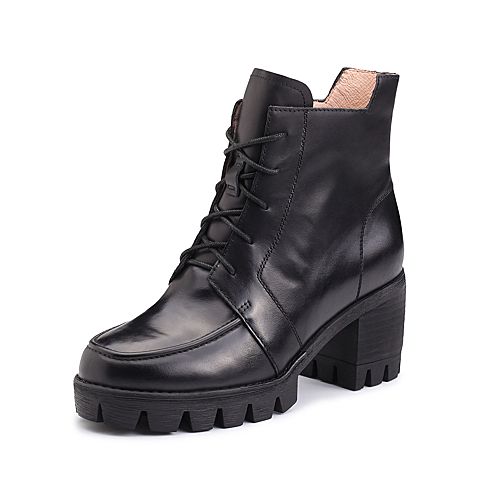 Teenmix/天美意冬专柜同款黑色牛皮简约粗跟马丁靴女靴6E848DD7