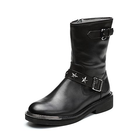 Teenmix/天美意冬专柜同款黑色牛皮铆钉朋克风女靴CA260DZ7