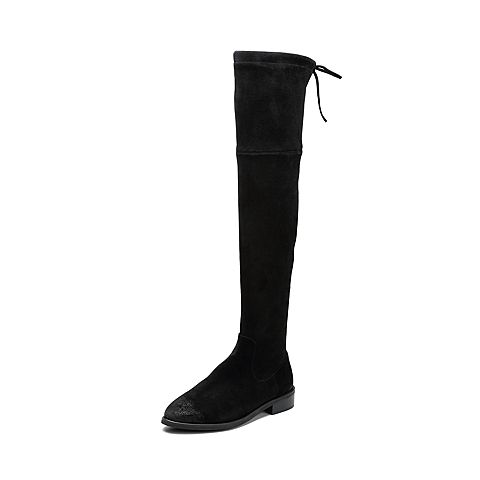 Teenmix/天美意冬专柜同款黑色羊绒皮方跟过膝靴女超长靴CA590DC7