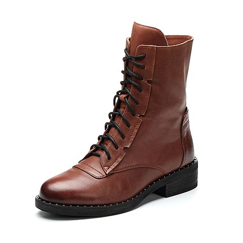 Teenmix/天美意冬专柜同款棕色牛皮铆钉方跟马丁靴女靴CA963DZ7