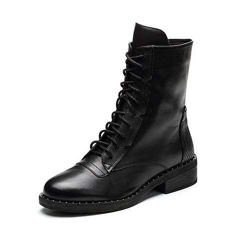 Teenmix/天美意冬专柜同款黑色牛皮铆钉方跟马丁靴女靴CA963DZ7