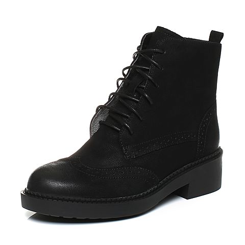 Teenmix/天美意冬专柜同款黑色牛皮方跟马丁靴女靴CAX42DD7