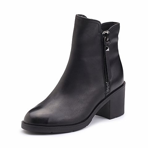 Teenmix/天美意冬专柜同款黑色打蜡牛皮优雅粗跟女短靴CBH41DD7