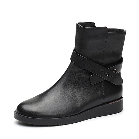 Teenmix/天美意冬专柜同款黑色牛皮革皮带扣平跟女中靴CBJ61DZ7