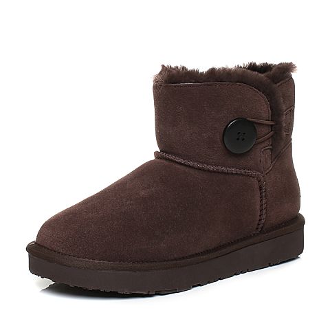 Teenmix/天美意冬深棕色牛剖层皮平跟雪地靴女短靴(毛里)33501DD7