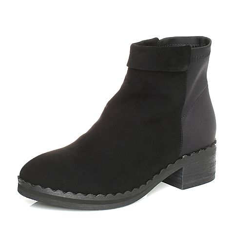 Teenmix/天美意冬黑色羊绒皮/纺织品简约优雅方跟女短靴D3305DD7