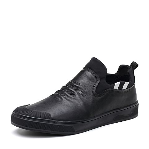 Teenmix/天美意冬专柜同款黑色软面牛皮/纺织物平跟男休闲鞋BKA06DM7
