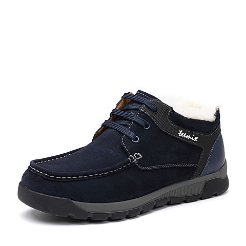 Teenmix/天美意冬专柜同款蓝色剖层牛皮平跟男休闲靴AGX11DD7