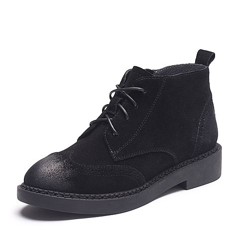 Teenmix/天美意冬专柜同款黑色牛剖层皮英伦风方跟女短靴AP861DD7