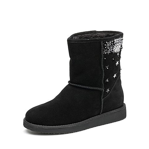 Teenmix/天美意冬专柜同款黑色牛剖层皮亮片雪地靴女中靴AQ231DZ7