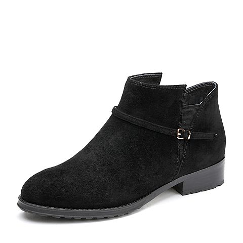 Teenmix/天美意冬专柜同款黑色羊绒皮方跟切尔西靴女短靴AQ271DD7