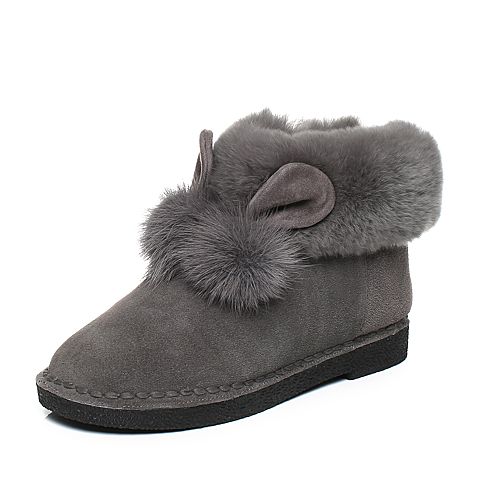 Teenmix/天美意冬专柜同款灰色可爱小耳朵绒毛球雪地靴女靴（毛里）AQ191DD7