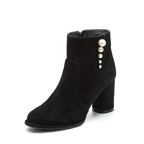 Teenmix/天美意冬专柜同款黑色羊绒皮时尚珠饰粗跟女靴AQ181DD7