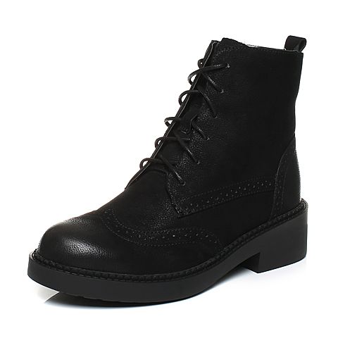 Teenmix/天美意冬专柜同款黑色牛皮方跟马丁靴女靴(毛里)CAX42DD7