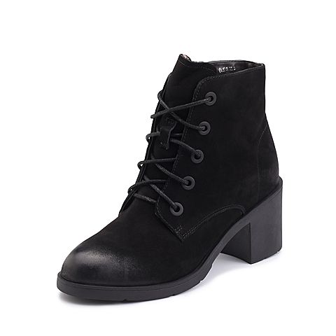 Teenmix/天美意冬专柜同款黑色磨砂牛皮粗跟马丁靴女短靴(绒里)CBH40DD7
