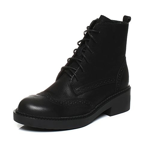 Teenmix/天美意冬专柜同款黑色牛皮方跟马丁靴女靴(绒里)CAX42DD7