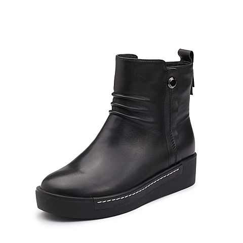 Teenmix/天美意冬专柜同款黑色牛皮时尚简约厚底女短靴AQ151DD7