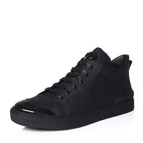 Teenmix/天美意冬专柜同款黑色牛皮平跟系带鞋男休闲鞋(绒里)2ER01DM7