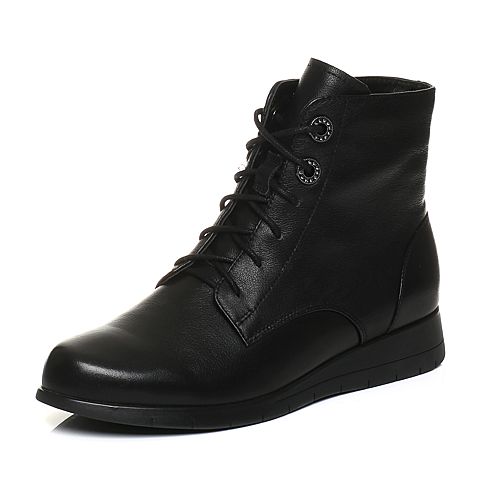 Teenmix/天美意冬专柜同款黑色牛皮简约平跟马丁靴女短靴(绒里)CA640DD7