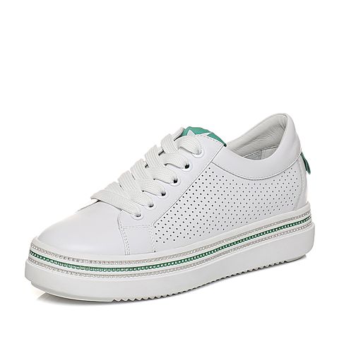 Teenmix/天美意春专柜同款白/绿色牛皮平跟系带鞋女休闲鞋AQ831AM8
