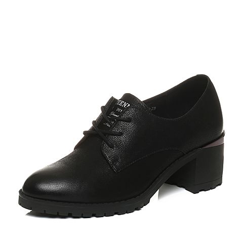 Teenmix/天美意春专柜同款黑色珠光牛皮粗跟系带鞋女单鞋6V820AM8