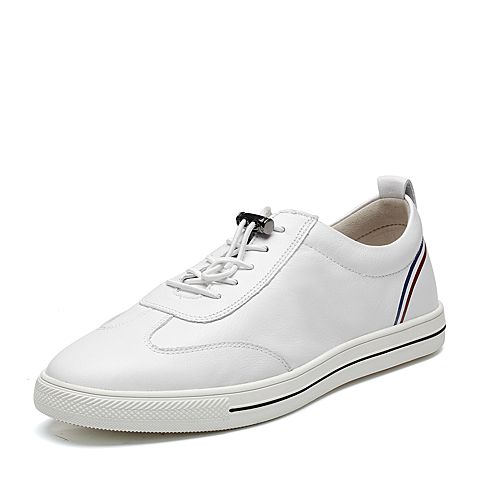 Teenmix/天美意春专柜同款白色牛皮时尚条纹平跟男休闲鞋66Z01AM8
