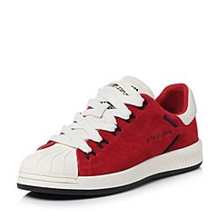 Teenmix/天美意春专柜同款红色牛剖层皮撞色平跟女休闲鞋AR241AM8