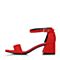Teenmix/天美意夏专柜同款红色羊绒皮革一字带粗跟女凉鞋AR401BL8