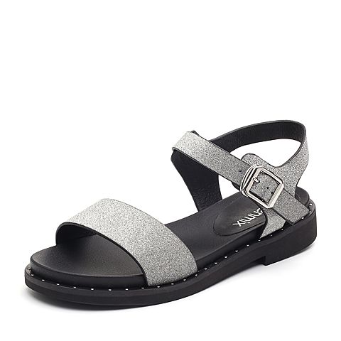 Teenmix/天美意夏专柜同款银灰色一字带铆钉沿边方跟女凉鞋CFJ01BL8