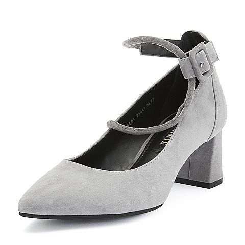 Teenmix/天美意秋专柜同款灰色羊绒皮革/纺织品通勤风粗跟女单鞋CFL01CQ8