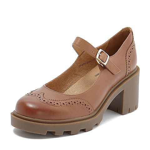 Teenmix/天美意秋专柜同款棕色擦色牛皮革粗跟玛丽珍鞋女单鞋CFE01CQ8