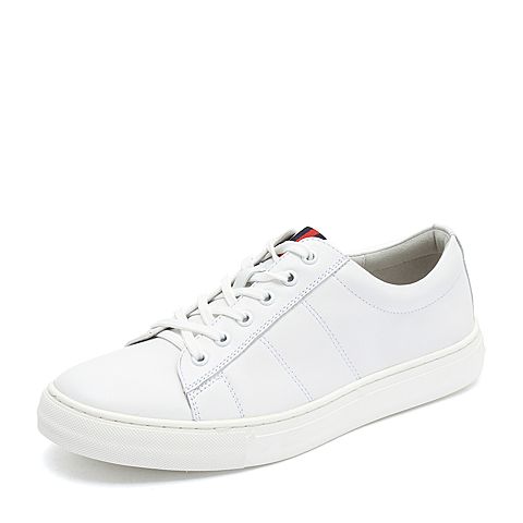 Teenmix/天美意秋专柜同款白色牛皮革平跟小白鞋男休闲鞋68K01CM8