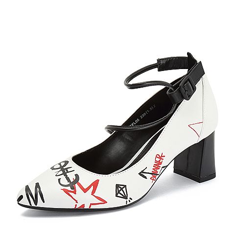 Teenmix/天美意秋专柜同款白/黑色趣味撞色图案魔术贴粗跟女单鞋CFL05CQ8