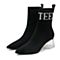 Teenmix/天美意冬黑色纺织品尖头字母透明粗高跟女短靴HL11ADD8