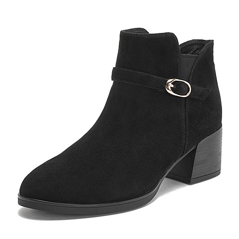 Teenmix/天美意冬商场同款黑色羊绒皮革皮带扣优雅粗跟女短靴CHD40DD8
