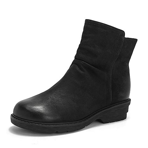 Teenmix/天美意冬专柜同款黑色牛皮革时尚褶皱方跟女中靴(毛里)6JQ60DZ8