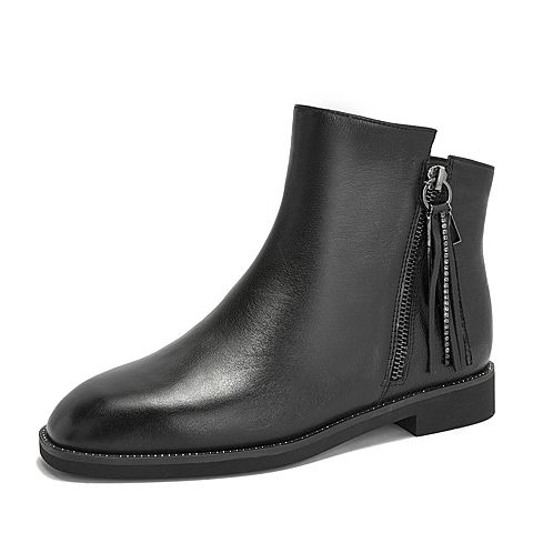 Teenmix/天美意冬商场同款黑色牛皮革方跟流苏靴女短靴CGA42DD8