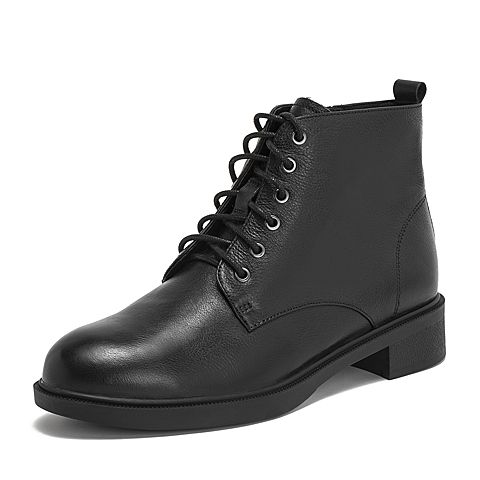 Teenmix/天美意冬商场同款黑色牛皮革方跟马丁靴女短靴CBE44DD8