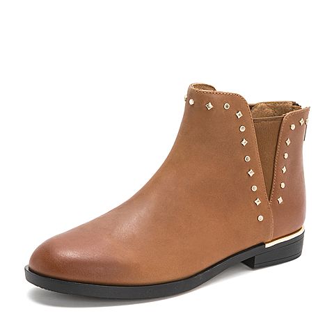 Teenmix/天美意冬专柜同款棕色打蜡牛皮革方跟切尔西靴女短靴CBQ42DD8