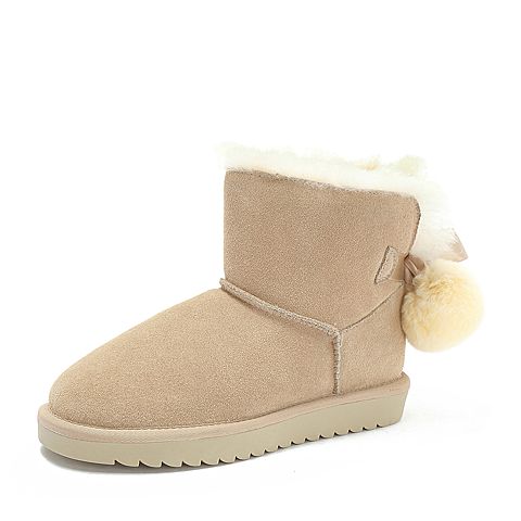Teenmix/天美意冬棕色牛剖层革毛球装饰平跟雪地靴女短靴(毛里)W1039DD8