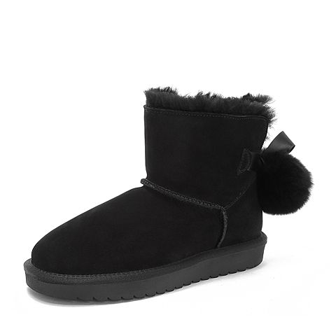 Teenmix/天美意冬黑色牛剖层革毛球装饰平跟雪地靴女短靴(毛里)W1039DD8