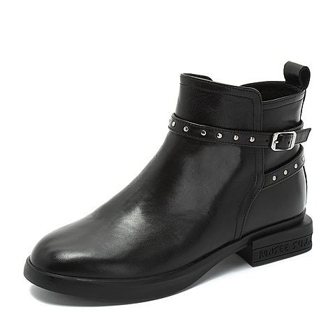 Teenmix/天美意冬黑色牛皮革铆钉皮带扣舒适方跟女短靴TS182DD8