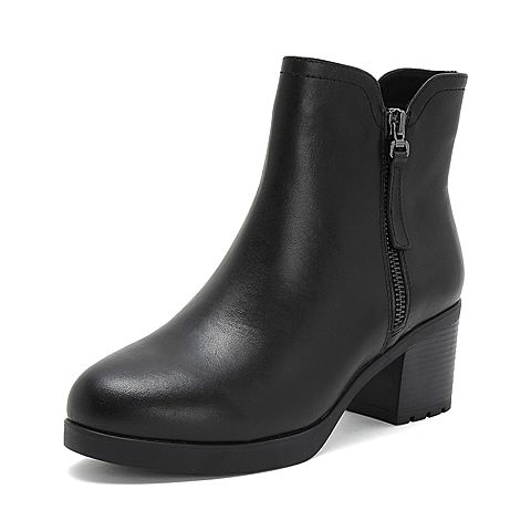 Teenmix/天美意冬商场同款黑皮英伦通勤风时装短靴女粗高跟皮靴AS421DD8