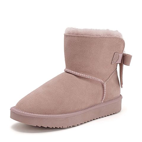 Teenmix/天美意冬商场同款粉色牛剖层皮革蝴蝶结平跟雪地靴女短靴AS911DD8