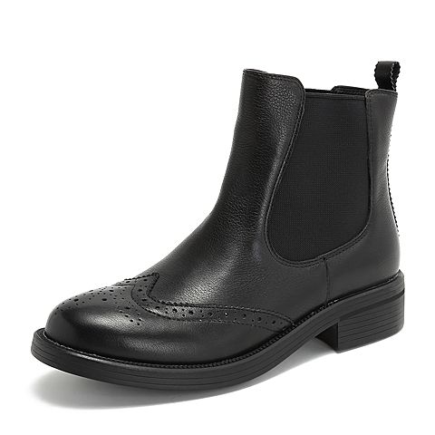 Teenmix/天美意冬商场同款牛皮革/纺织品英伦布洛克休闲靴女皮靴AS991DD8