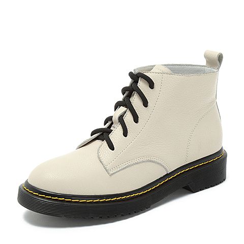 Teenmix/天美意冬白色牛皮革休闲风方跟马丁靴女短靴H7208DD8