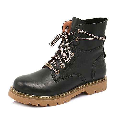 Teenmix/天美意冬商场同款黑色牛剖层皮革休闲风方跟马丁靴女短靴AT131DD8