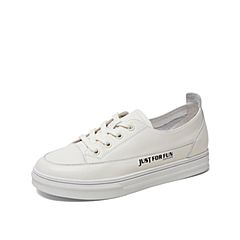 Teenmix/天美意2019秋新款商场同款白色绑带牛皮革女板鞋AU601CM9