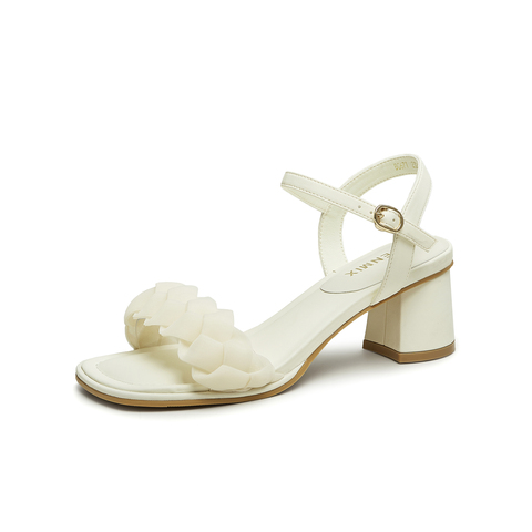 天美意2023夏新款商场同款粗跟一字带气质时装女凉鞋BG671BL3